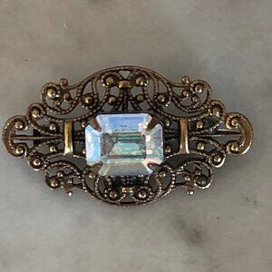 SADIE GREEN Signed Filigree Rectangle Crystal Brooch Pin Vintage
